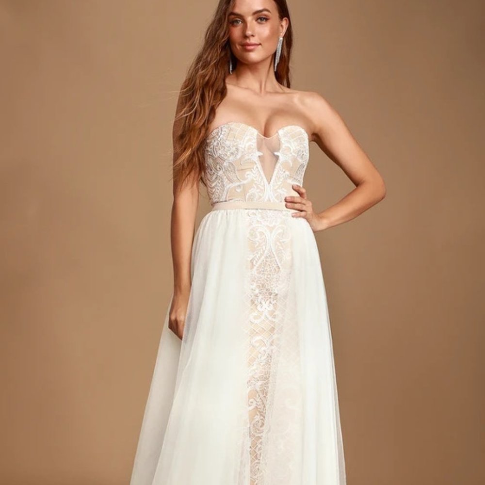 Medusa White Lace Strapless Wedding Dress Removable Skirt Barinano